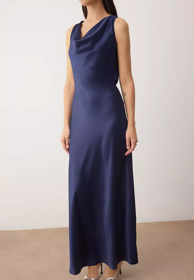 Navy Blue A-Line Degaje Collar Satin Maxi Stylish Dress Tprss25El318