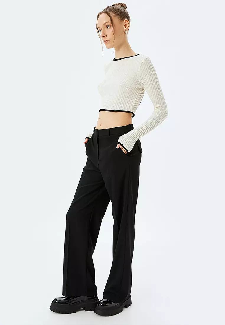 Crop Crew Neck Trim Textured Long Sleeve T-Shirt