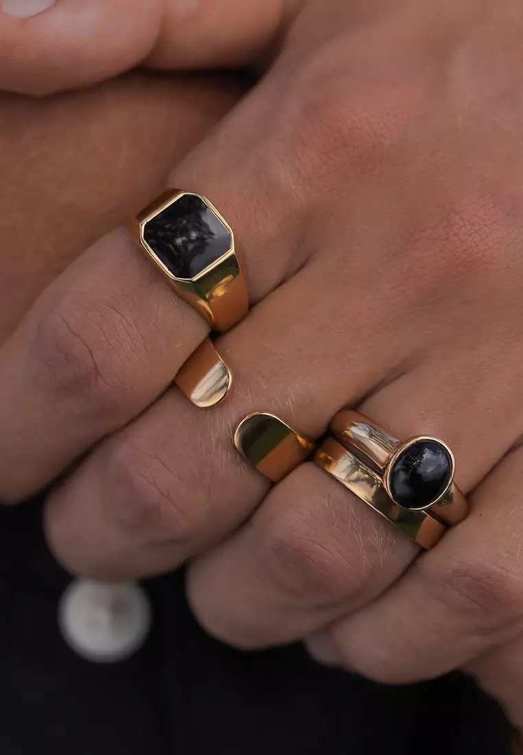 Men's Silver Black Enamel Octagon Signet Ring – Gold-Plated