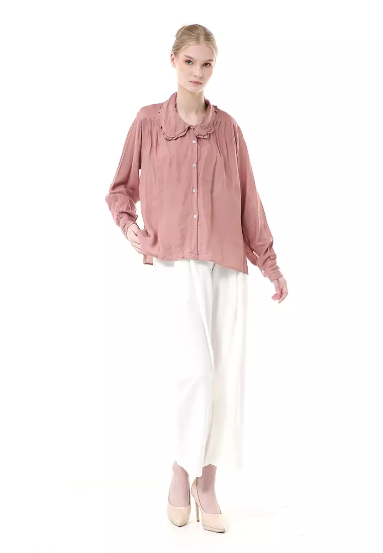 Adena Blouse Atasan Wanita Long Sleeve Kerah Rempel - Dusty