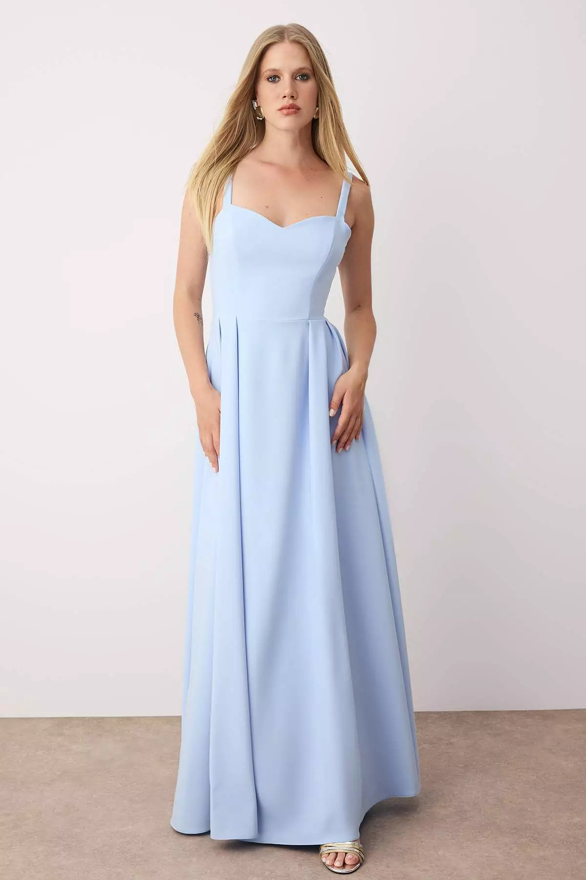 Light Blue A Line Back Bow Detail Long Stylish Evening Dress