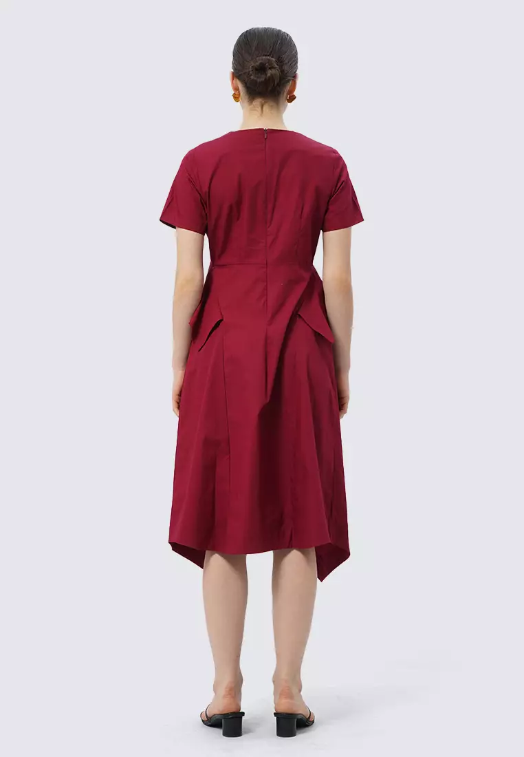 Asymmetric Short Sleeve Midi Dress MAROON