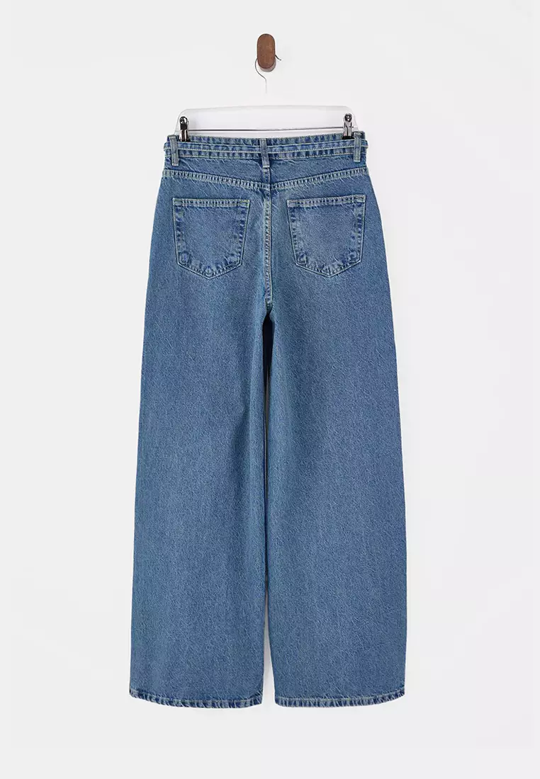 Blue Belted High Waist Wide Leg Wide Leg 1% Cotton Jeans Twoss26Je85
