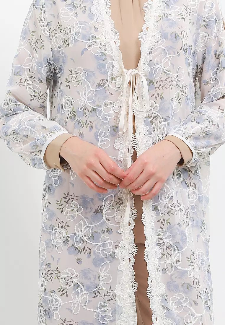 Long Puff Sleeve Lace Trimmed Emb Flo Chiffon Outer