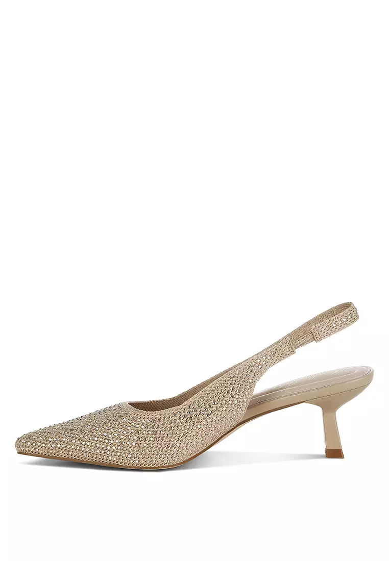 Sandal selempang berlian imitasi Flyknit warna krem