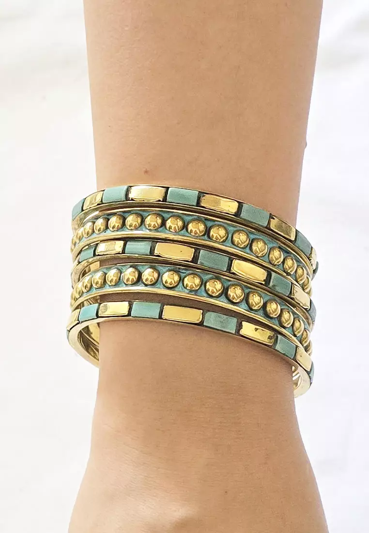 Aksesoris Wanita 5  in 1 Turquoise Inlay  Bangle Gelang Wanita Turqouise & Gold