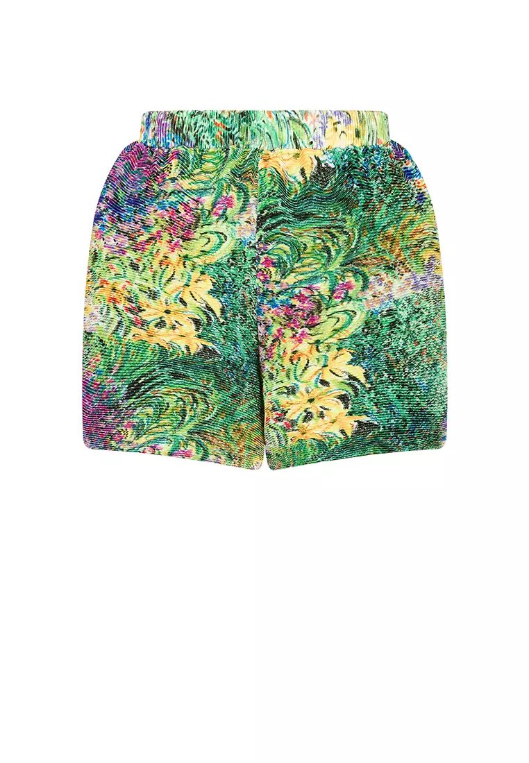 混纺图案元素阔腿卷边短裤