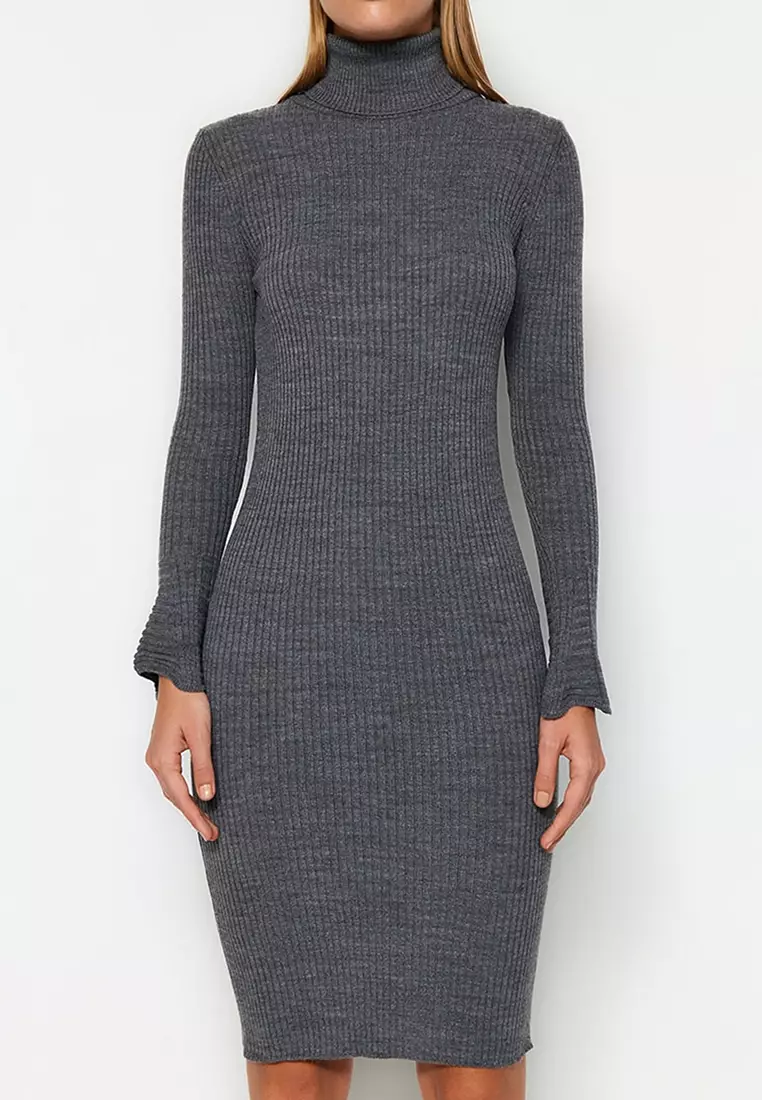 Anthracite Mini Knitwear Dress With Ruffled Sleeves