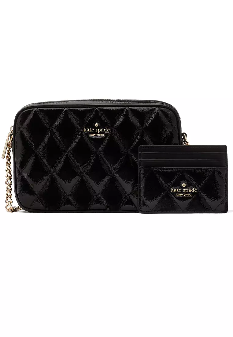 KATE SPADE Glimmer Quilted Patent Leather Boxed Crossbody Bag Set Black KE818