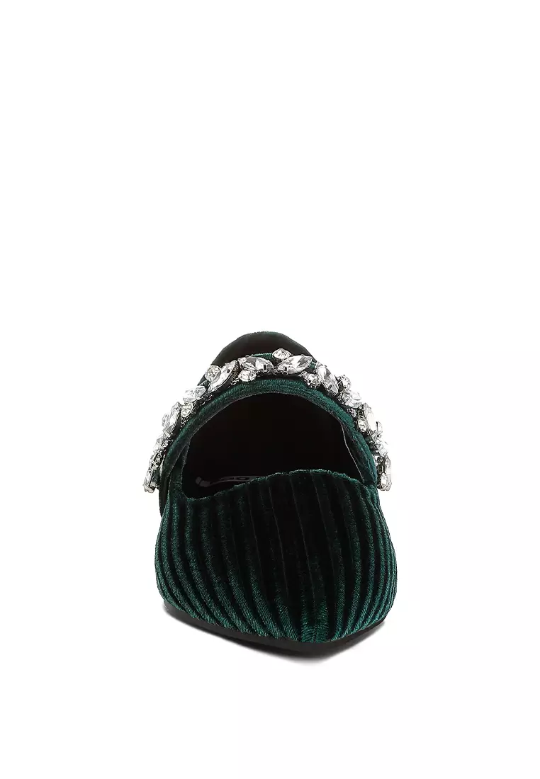 Diamante Brooch Velvet Ballerinas in Green