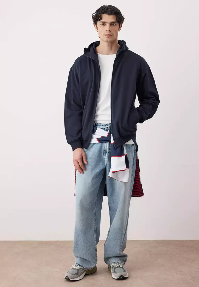 Navy Blue Oversize/Wide Cut Zippered Warm Hooded Sweatshirt-Cardigan