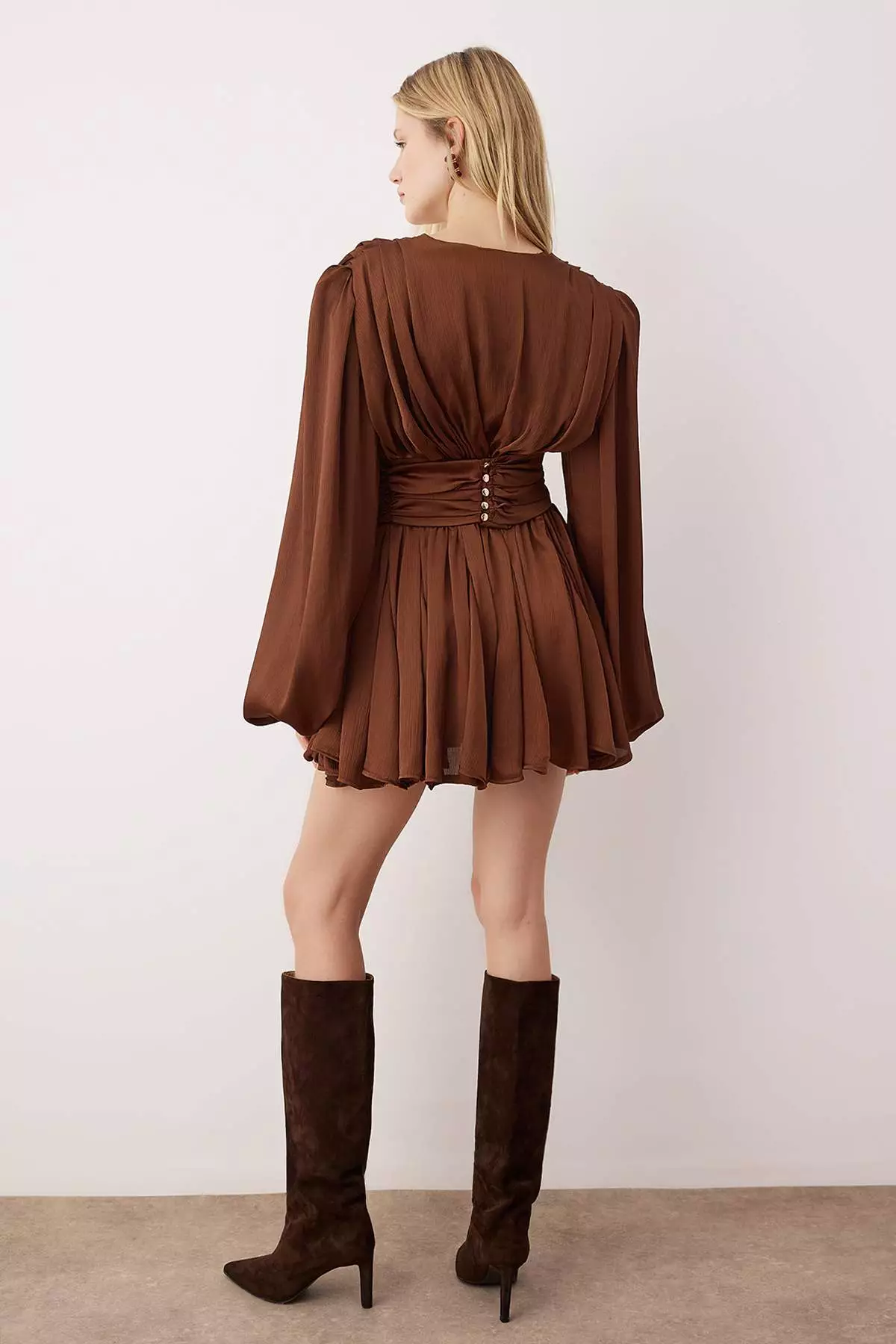 Brown Satin Short / Mini V-Neck Dress
