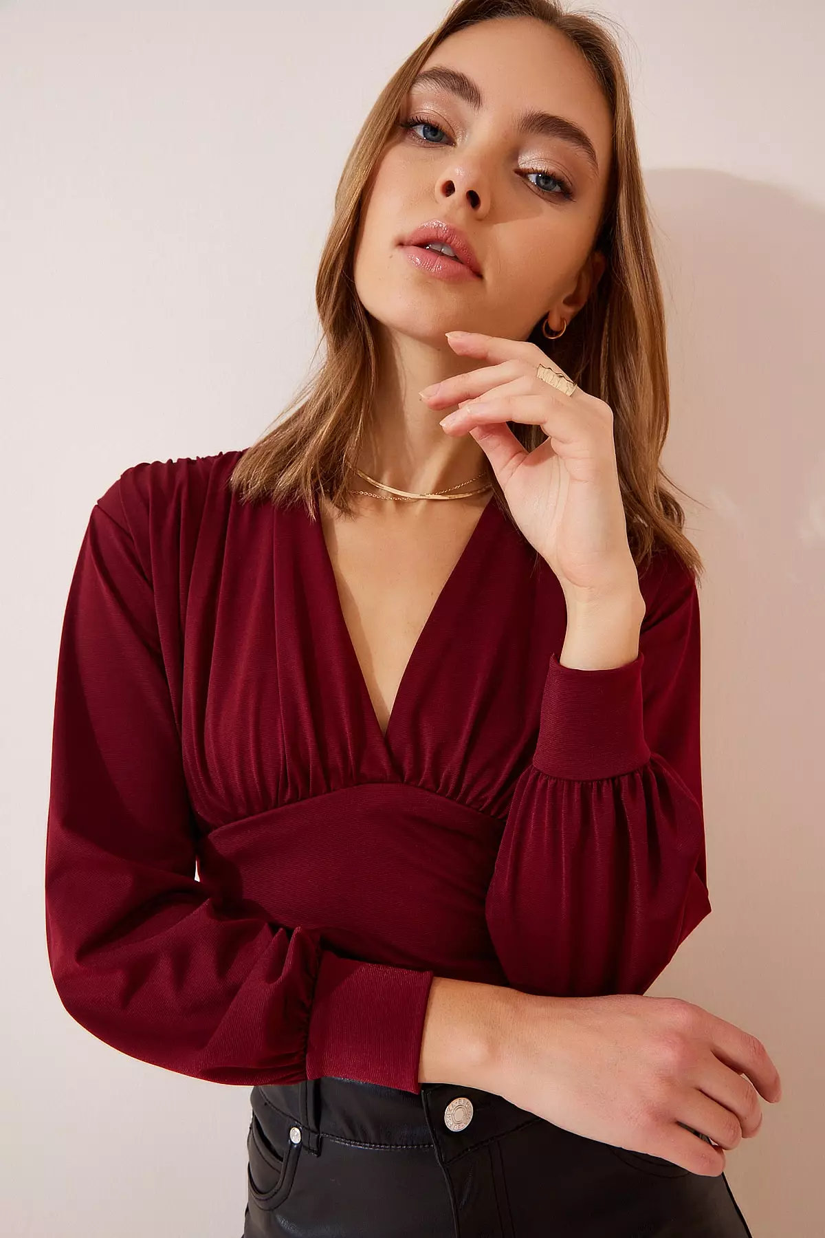 Deep V-Neck Long Sleeve Blouse