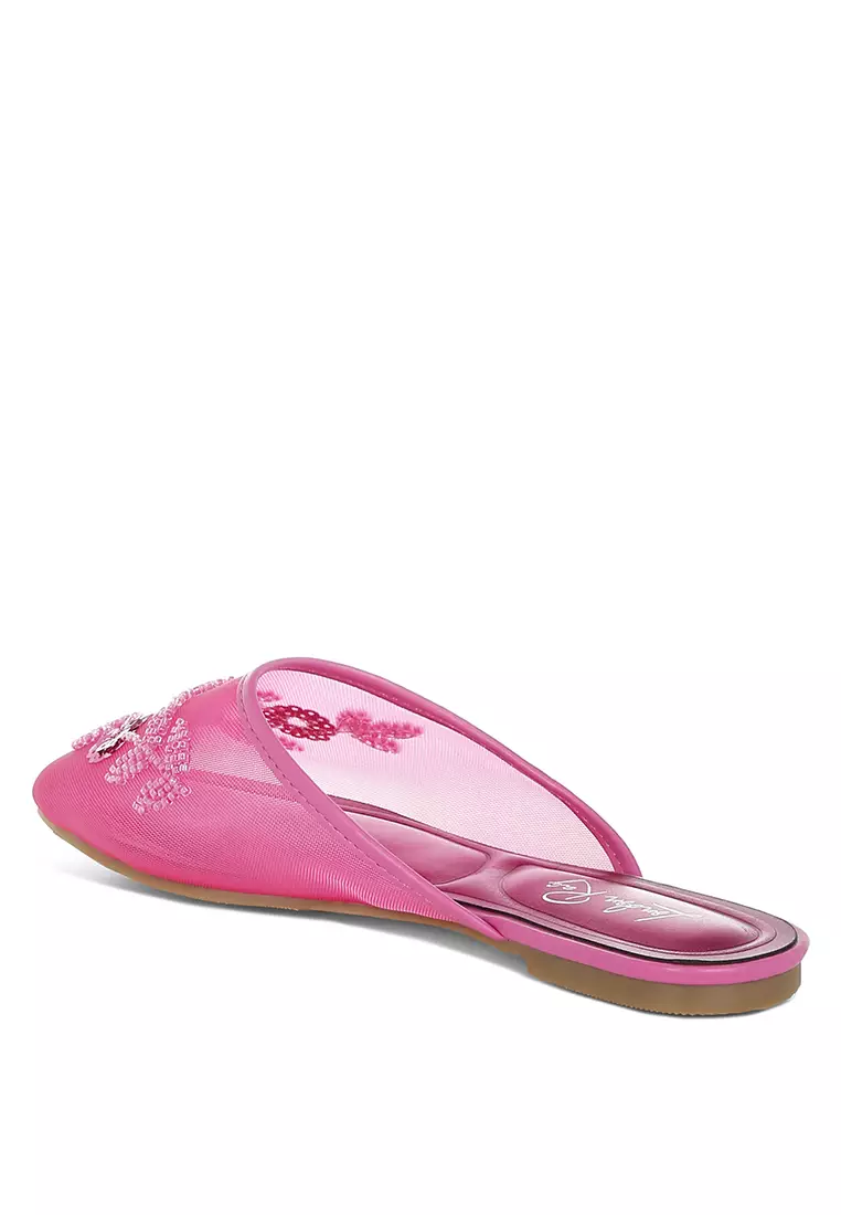 Mesh Sequin Beaded Mules In Fuchsia