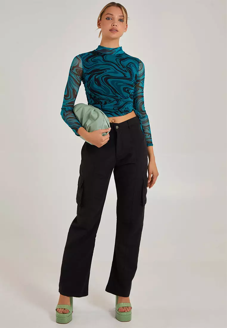 Pink Vanilla Teal Marble Print Long Sleeve Top