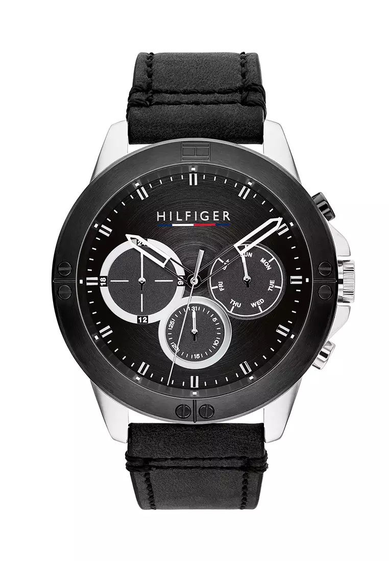 Tommy hilfiger men's discount black leather strap watch