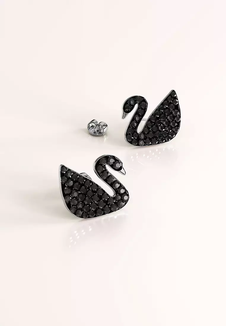 Solid 925 Sterling Silver Jet Swan Stud Earrings - Silver/Black
