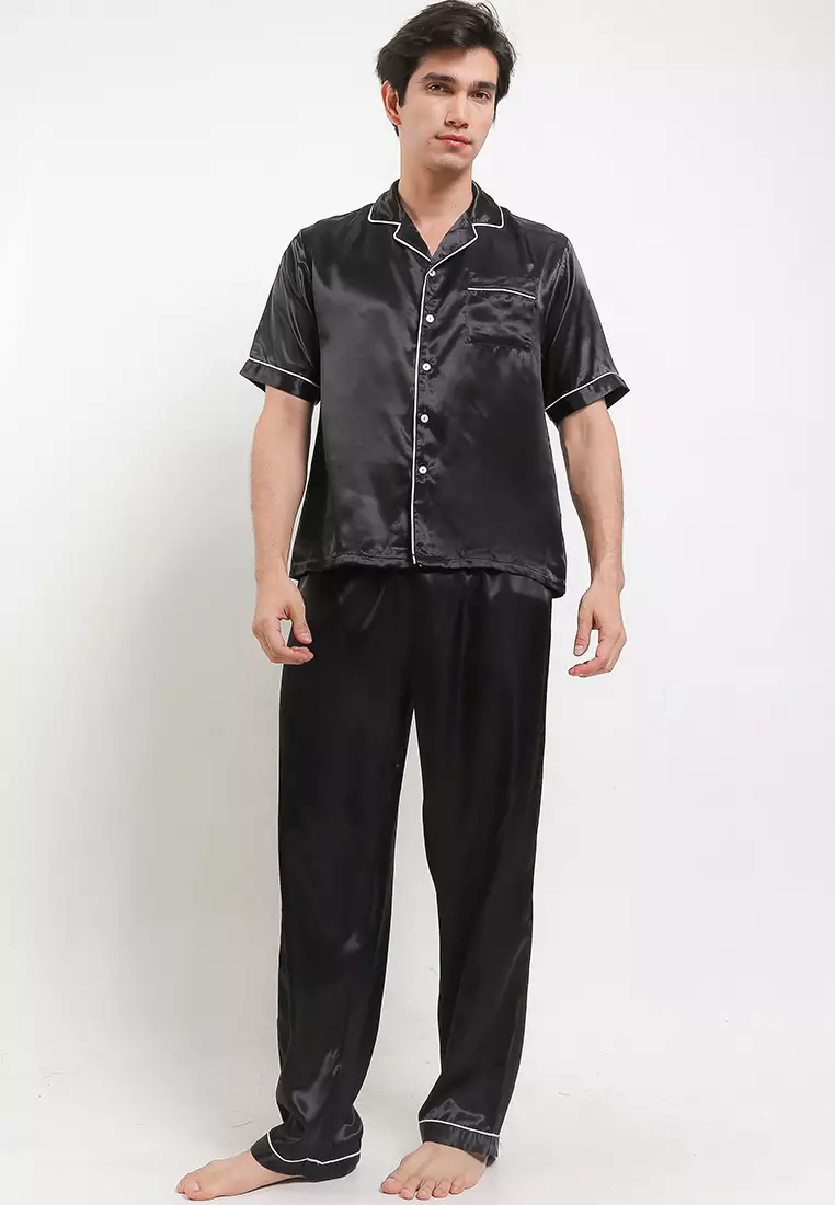 Pyjama Pijama Baju Tidur Satin Silk Short Sleeve Long Pants Mens Sleepwear