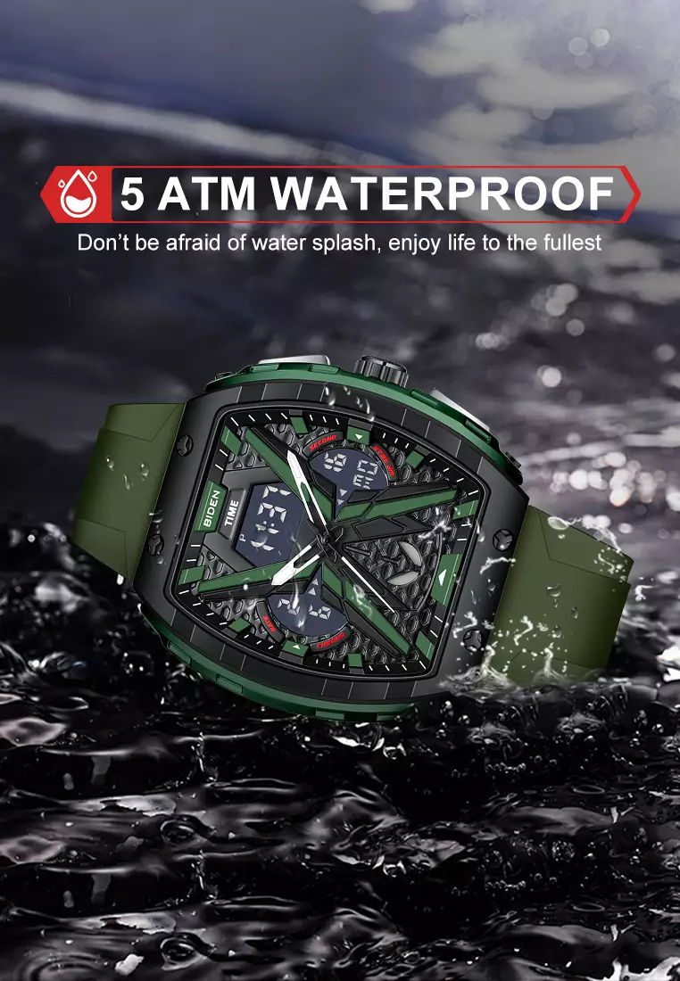 Jam Tangan Pria Original Multifungsi Analog & Digital Anti Air Tali Silicone Jam Tangan Cowok greenblack