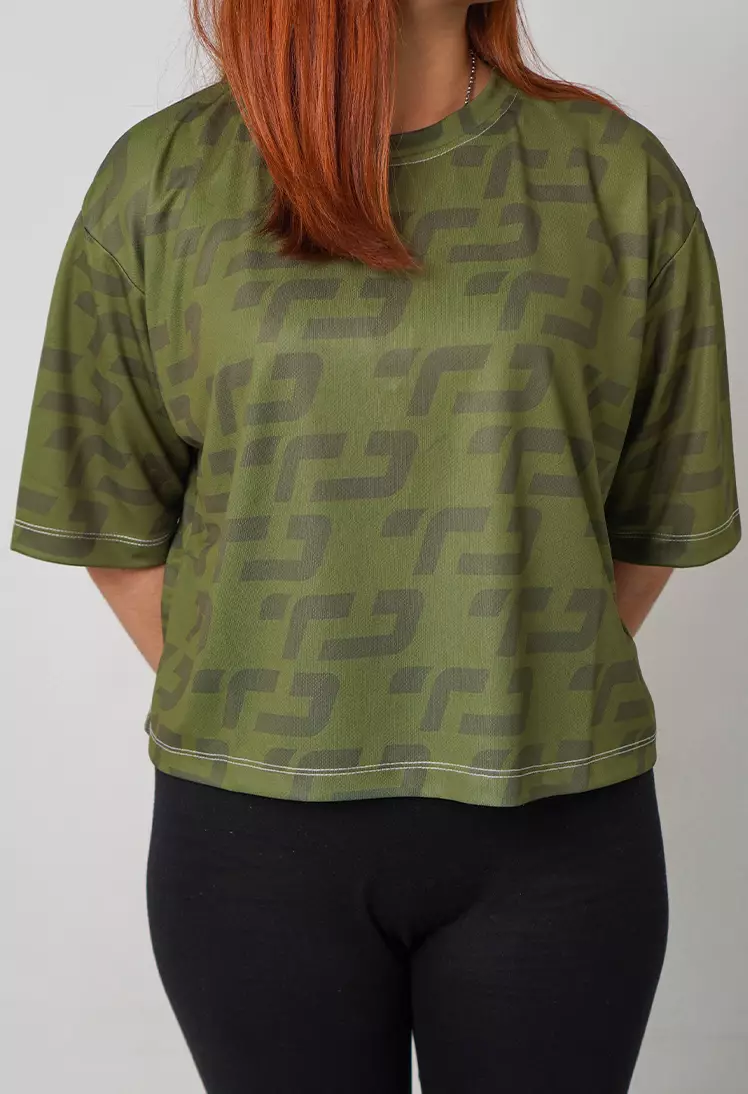 LSB35 baju olahraga wanita crop top oversize big size dry fit gym aerobic poundfit olive hijau tua