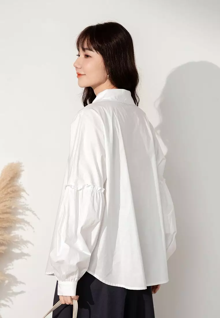 純棉小荷葉邊裝飾泡泡袖襯衫《AB19863》