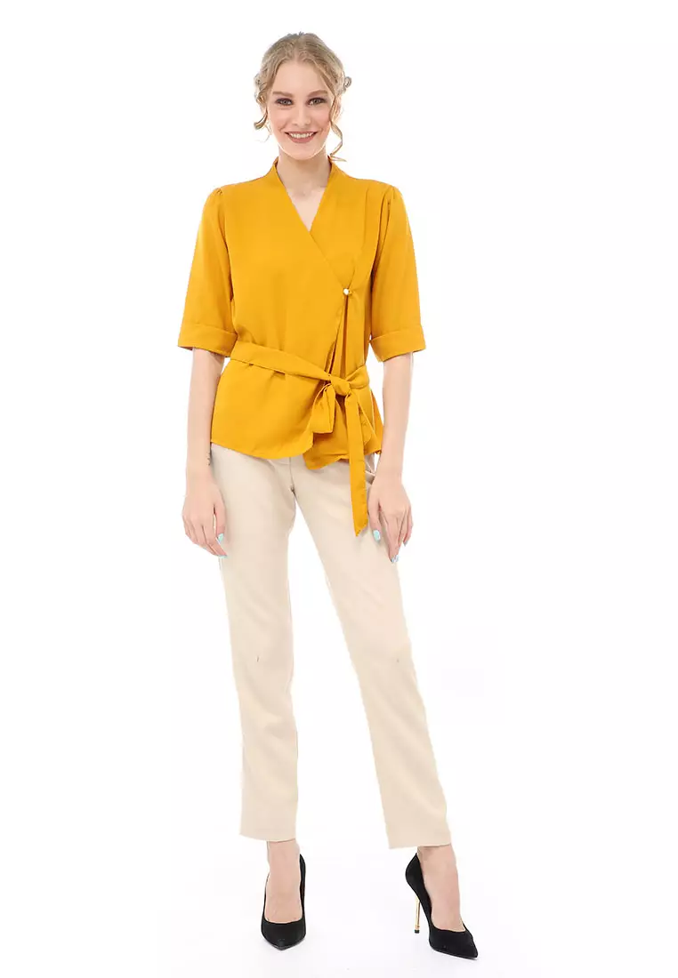 Cheva Blouse Atasan Wanita Kasual Model Tali Ikat Pinggang Material Wolfis ORIGINAL - Mustard
