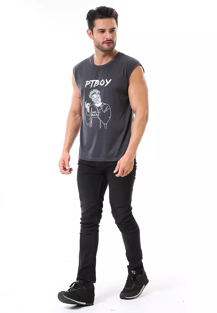 Bobby Atasan Kasual Pria Singlet Motif Ptboy Sleeveless Tshirt Material Cotton ORIGINAL - Gray