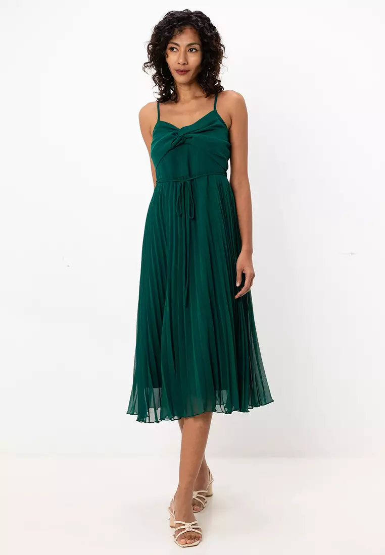 Twist Front Pleated Midi Dress