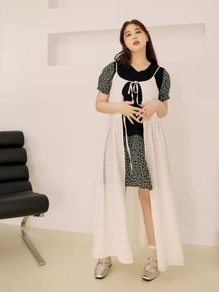 雲朵自訂款-假兩件華夫格V領泡泡袖洋裝《DA10031》