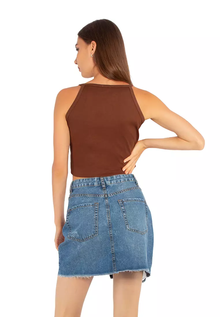 Brown Basic Halter Crop Top