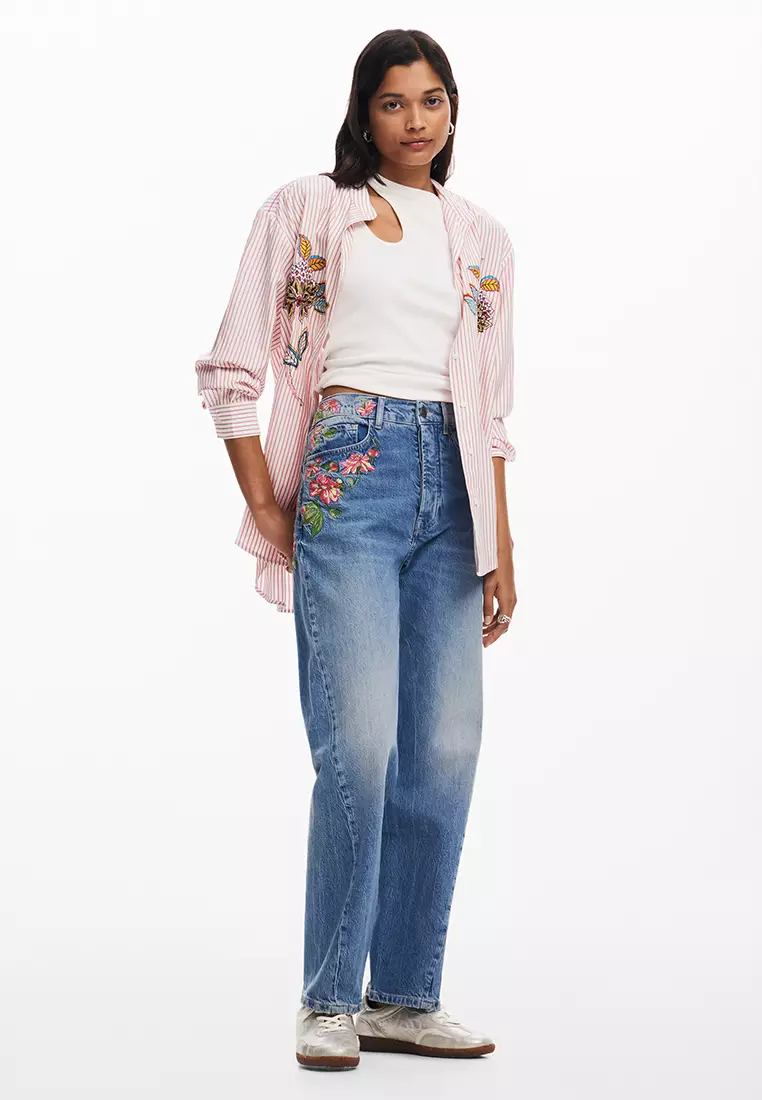 Desigual Woman Long denim pants with flowers.