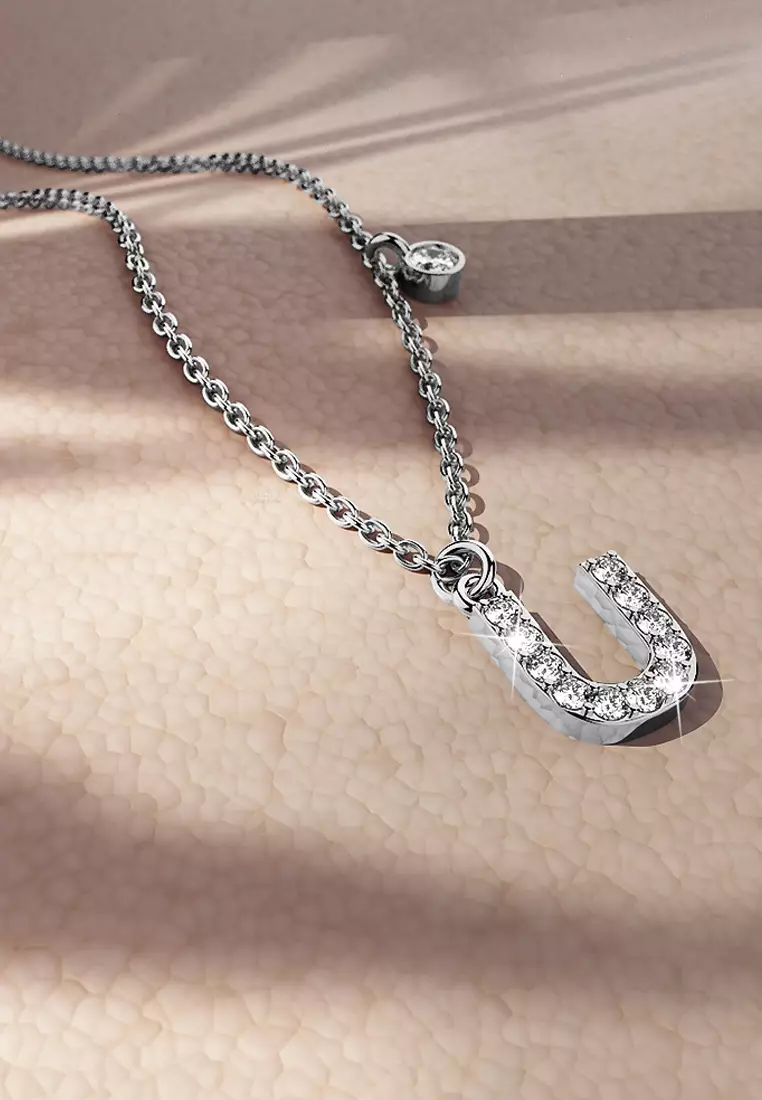 Solid 925 Sterling Silver Initial Crystal Personalised Alphabet Letter Necklace Silver- U