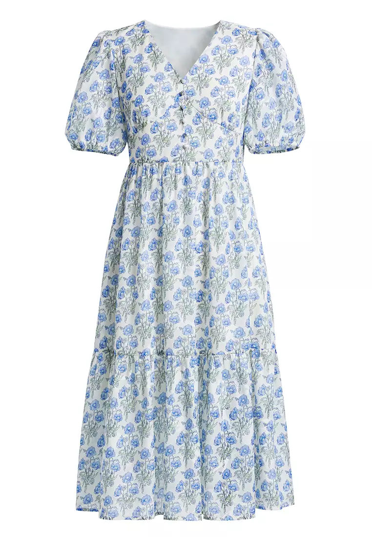 Summer Puff Sleeve V-Neck A-Line Floral Dress