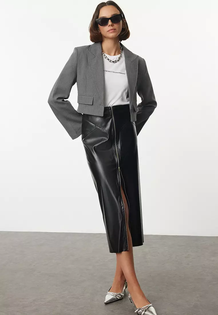 Black Zipper Detail Midi Faux Leather Skirt