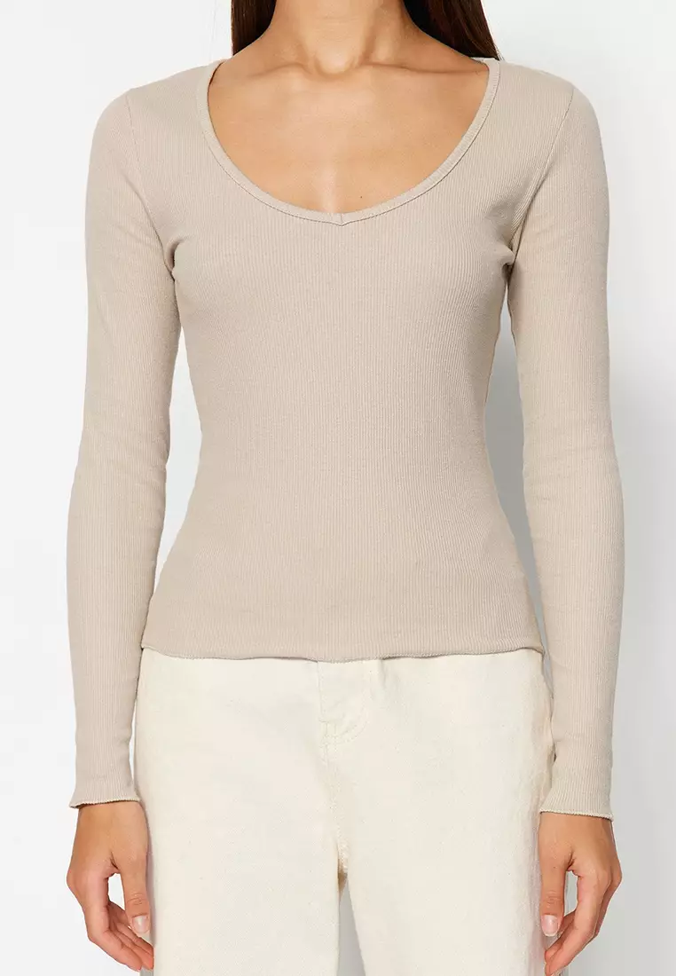 Claret Red-Stone 2-Pack V-Neck Fitted/Body-Sit Cotton Flexible Knitted Blouse Twoaw24Bz00068