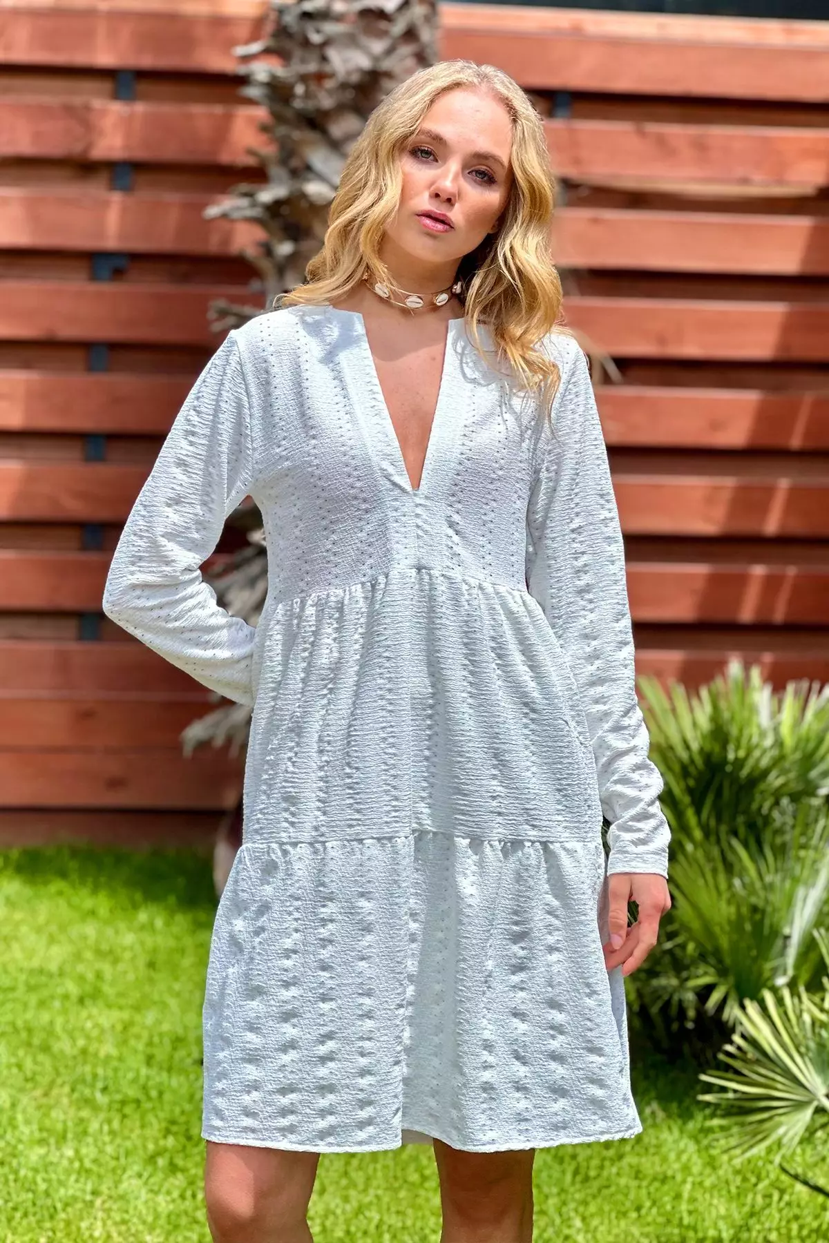White Textured Midi Long Day And Night Regular Dress