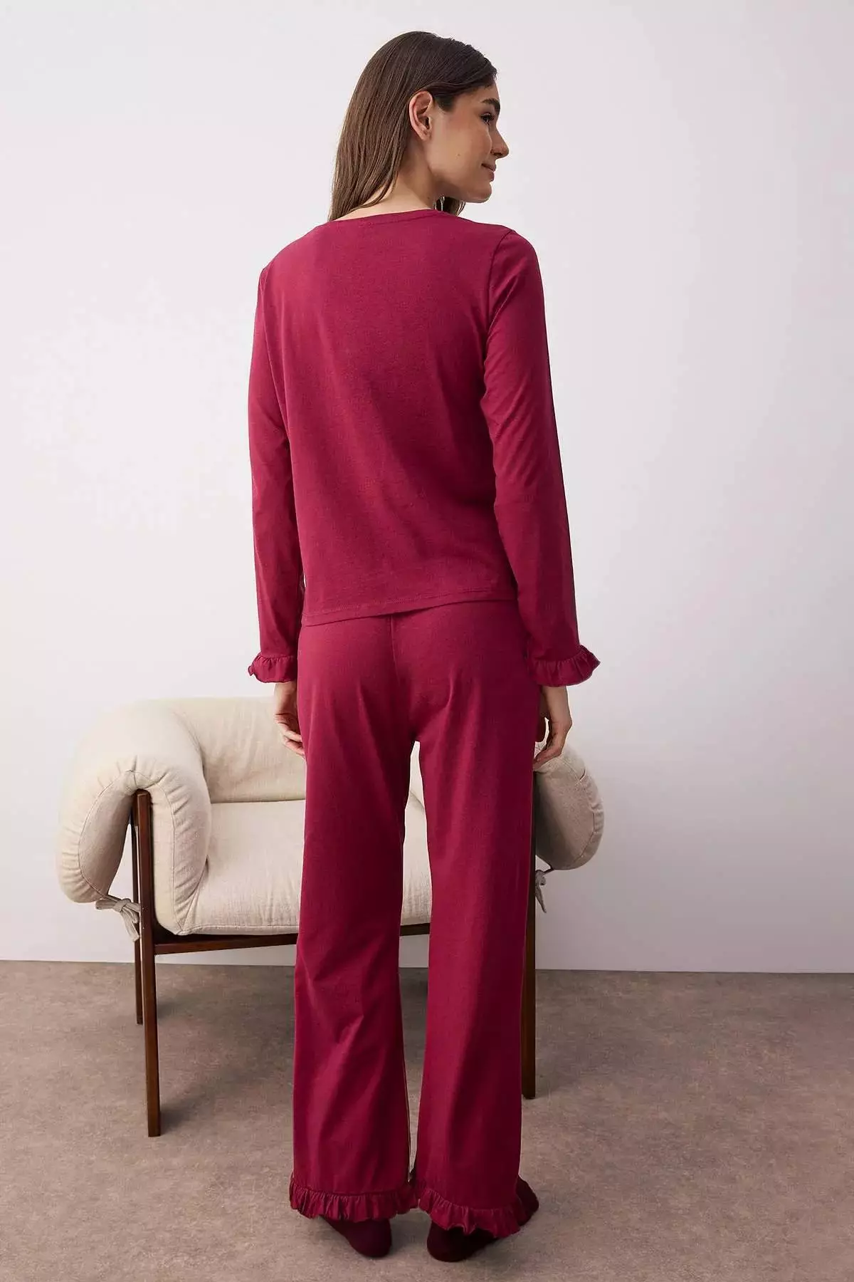 Burgundy 100% Cotton Ruffle Knitted Pajama Set Thmaw26Pt00057