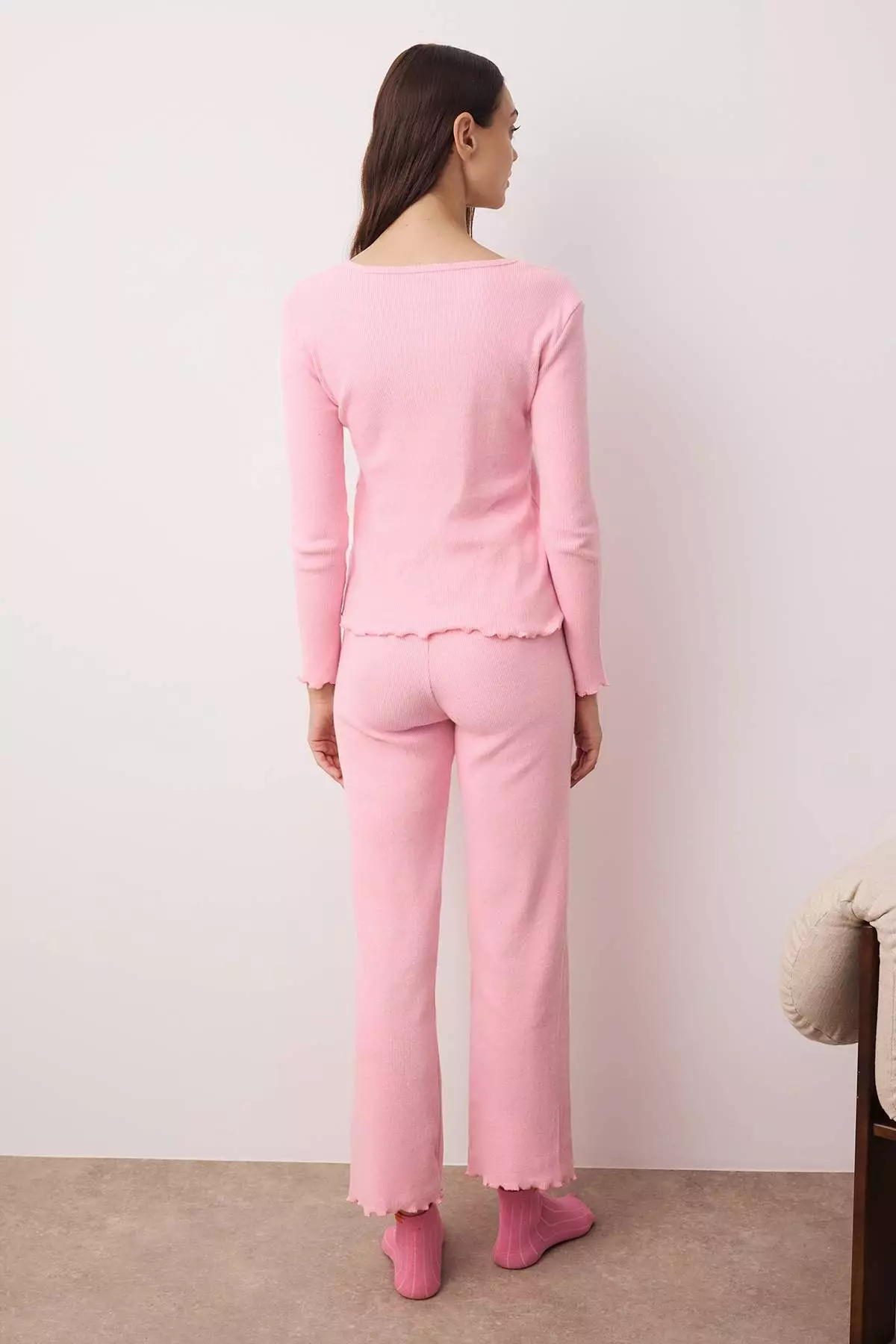 Pink V Neck Baby Overlock Soft Tuuse Brushed Winter Rib Knitted Pajamas Set