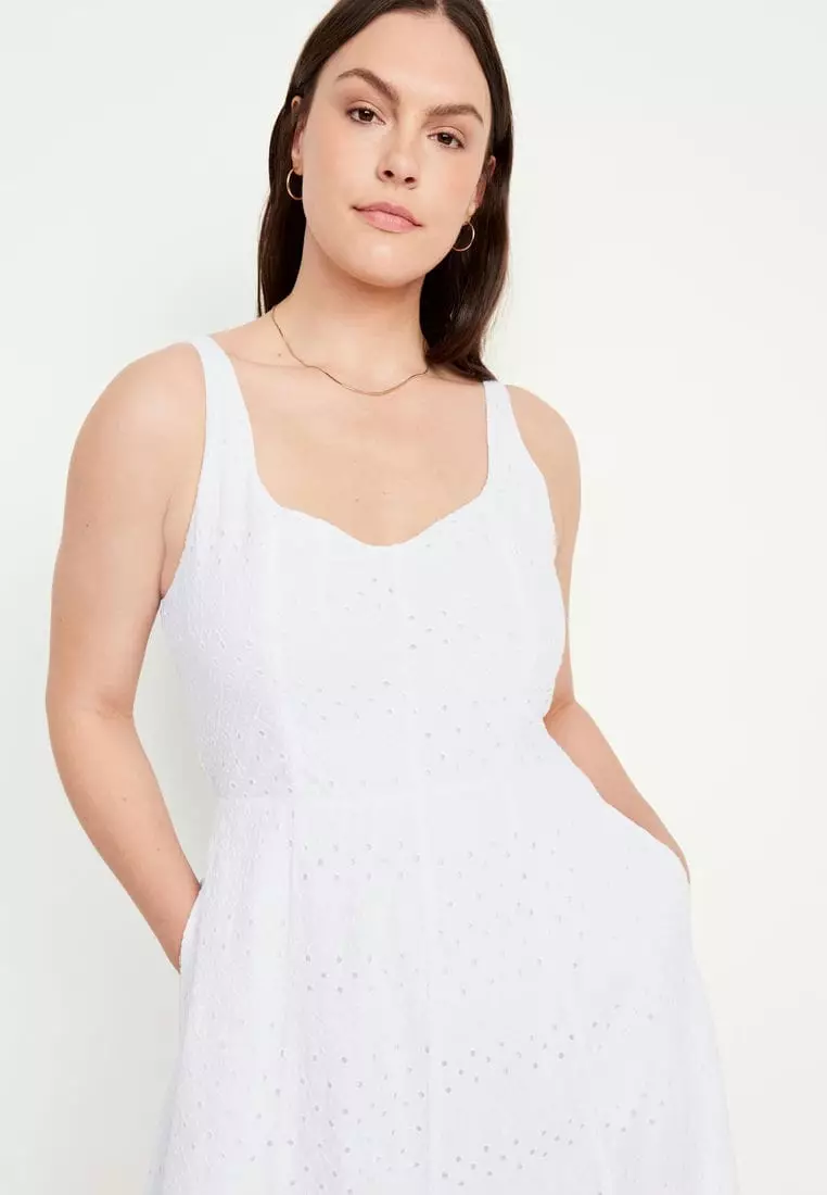 old navy women's fit & flare linen-blend midi dress square neckline wide straps smocked back fitted at top with a flared skirt hits at calf models are approx Old Navy Is Selling a