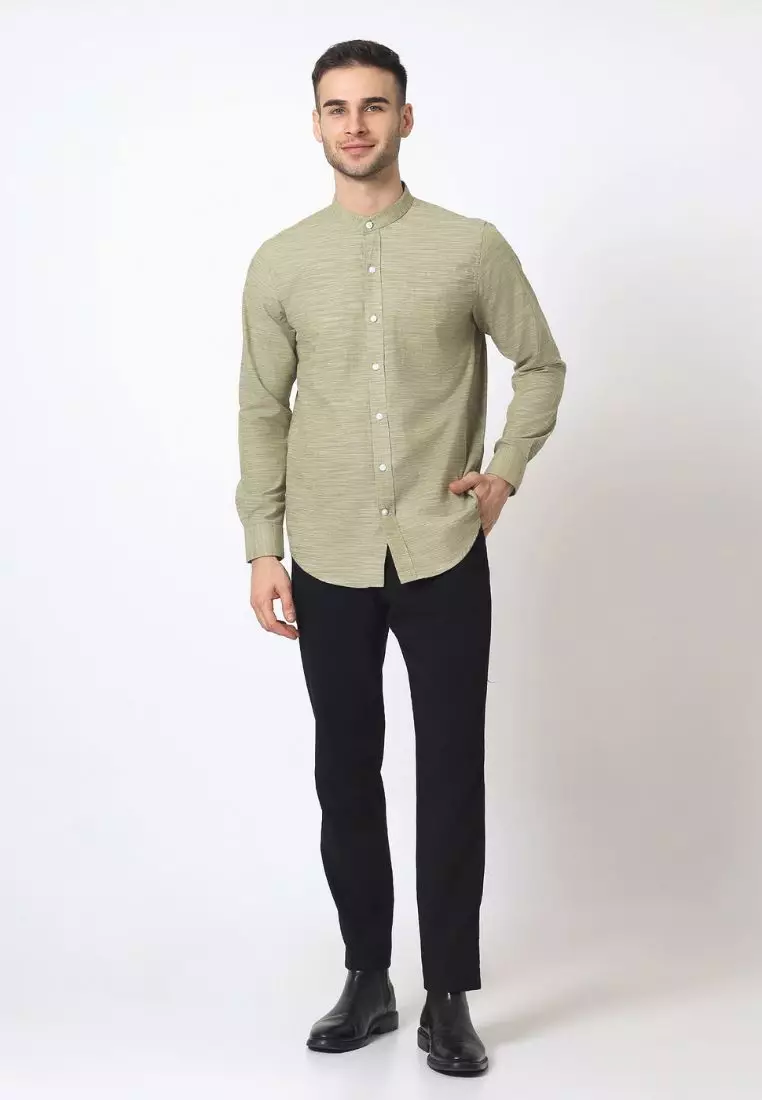 Cotton Well Moeen Shirt Sage Green | Kemeja Koko Oxford Slub Lengan Panjang Olive