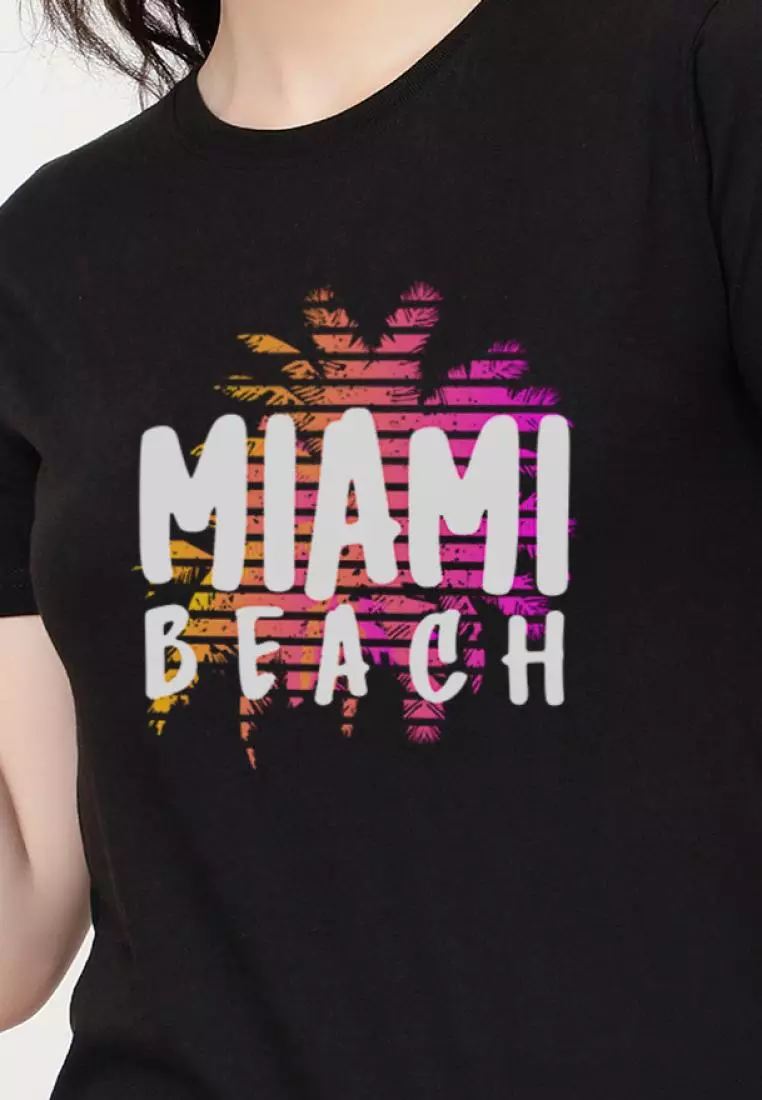 Miami Beach Relaxed Short Sleeve Stylish Black Cotton Casual Graphic Print Tee/TShirt