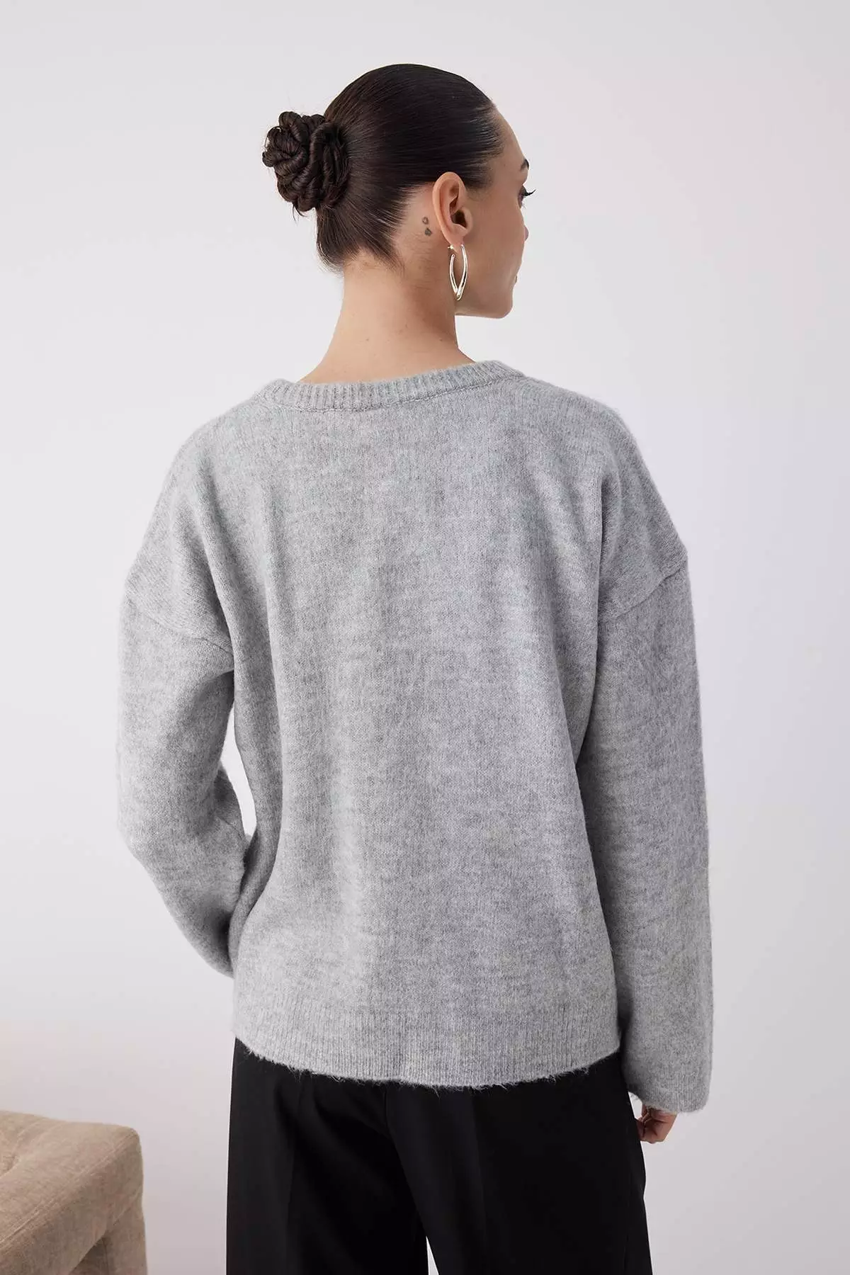 Gray Soft Textured Wide Fit Basic Knitwear Sweater