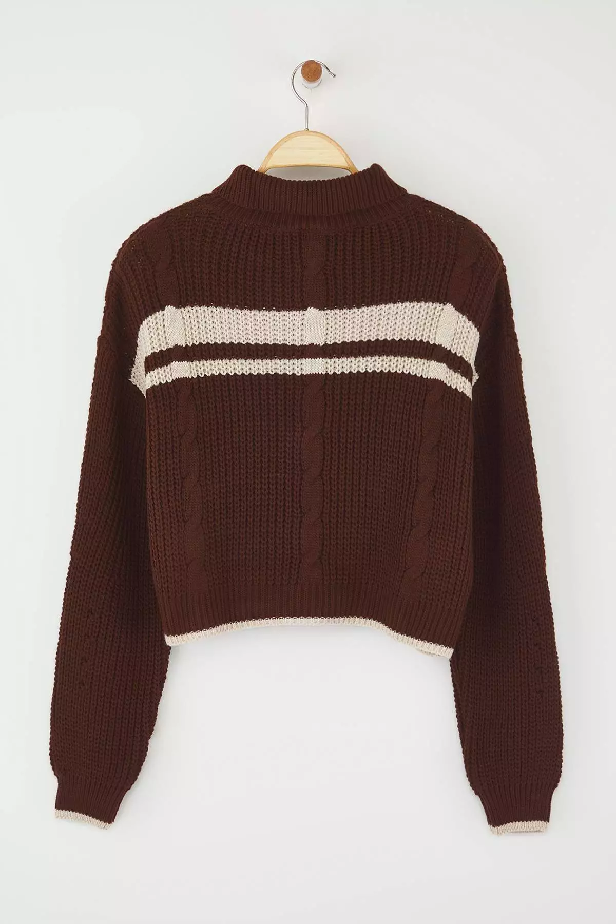 Brown Crop Block Stand Collar Knitwear Cardigan