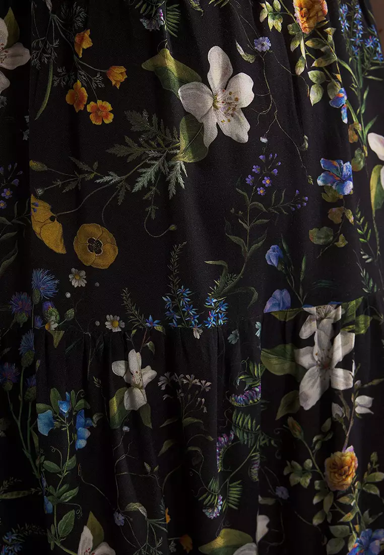 Black Floral Strappy Midi Summer Woven Plus Size Dress Tbbss25Ah00104