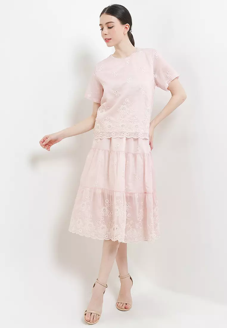 3 Tiers Flo Emb Cotton Skirt W/ Scallop Hem