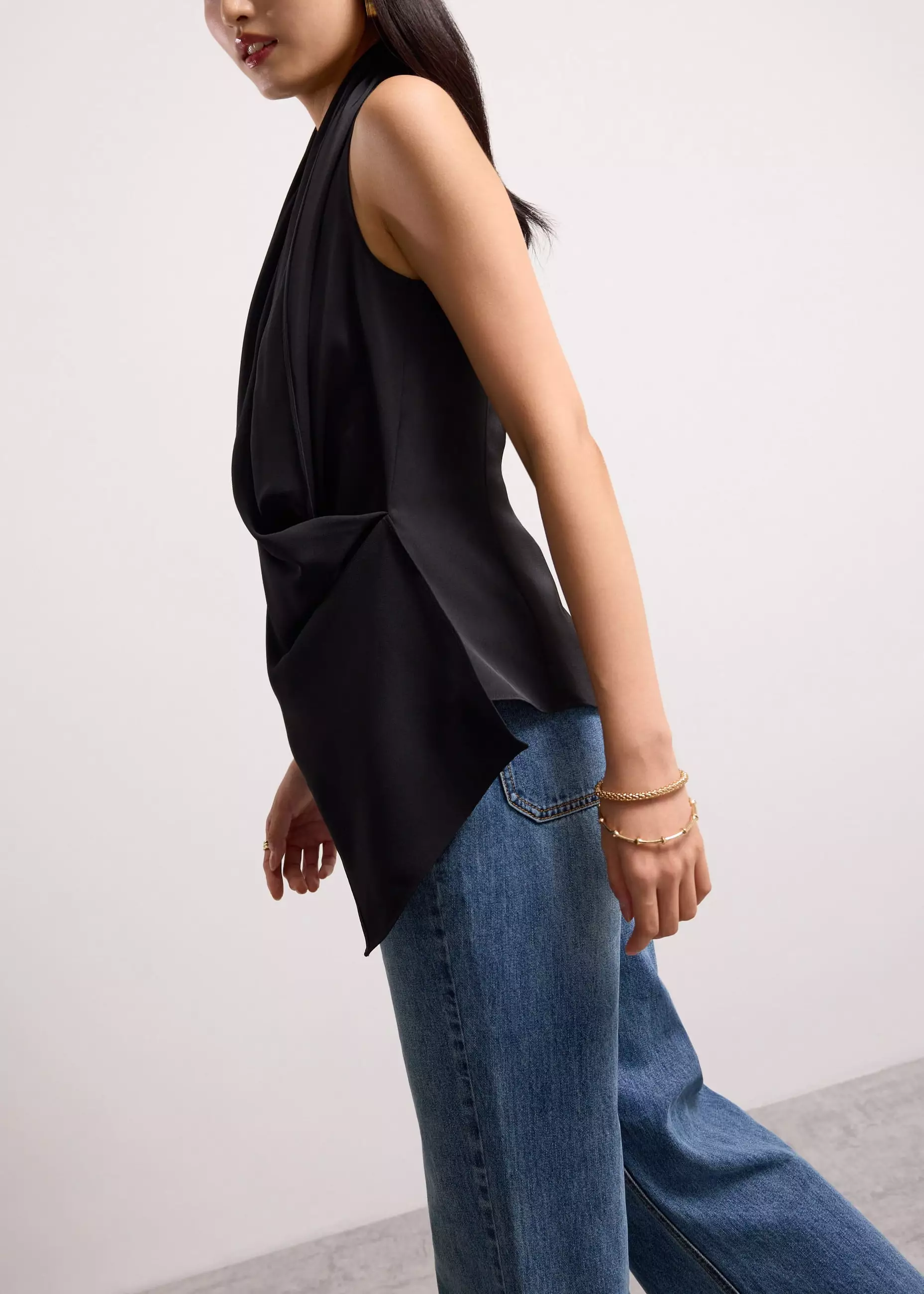 Atasan Wanita - Satin Cowl Neck Halter Fitted Top