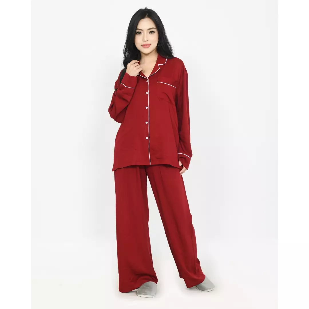 Piyama Serena Set MERAH - Setelan Baju Tidur Lengan Panjang Wanita Katun
