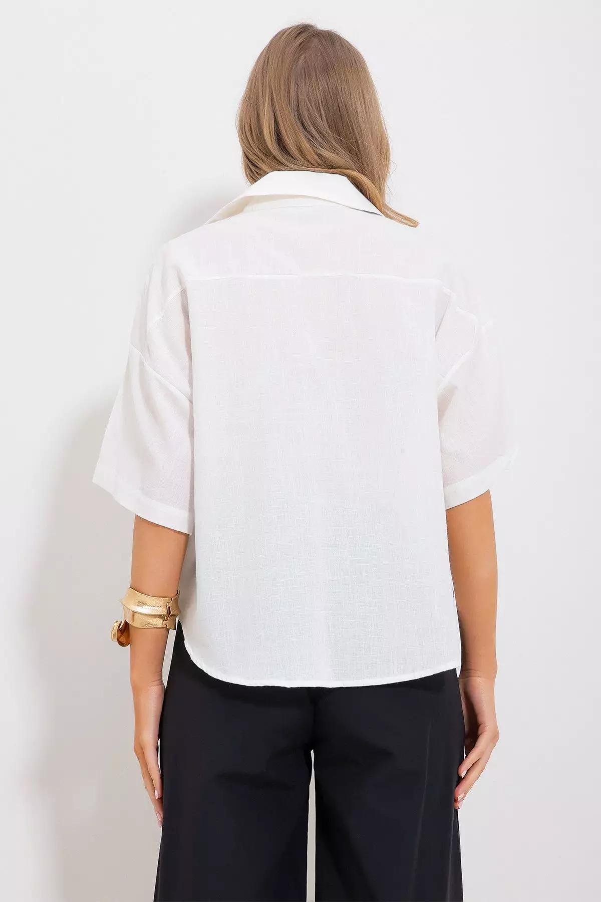 Women's Ecru Double Pocket Half Sleeve Linen Shirt