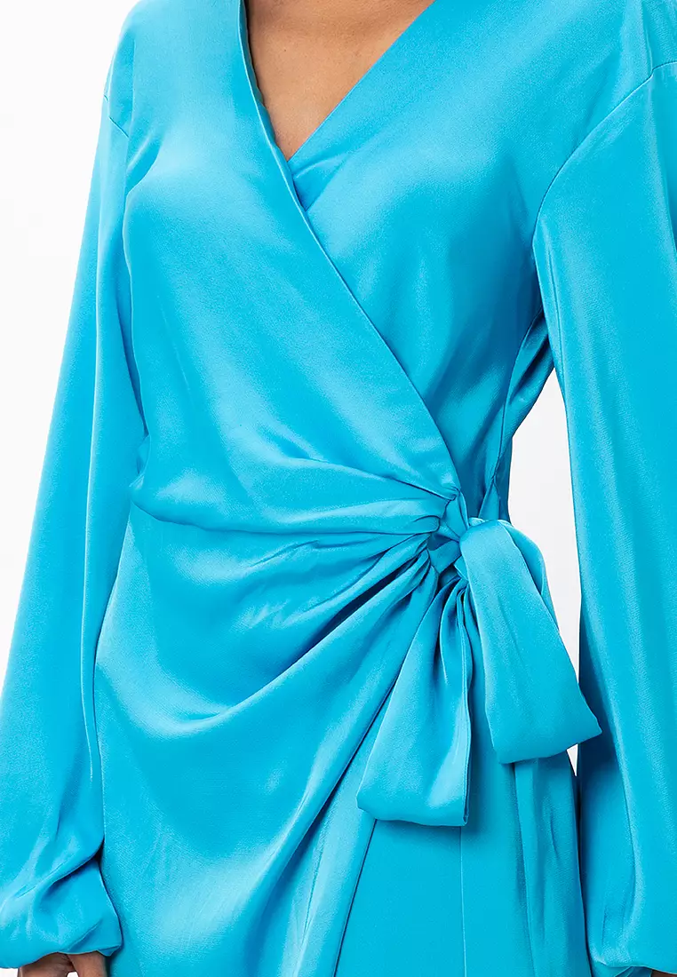 Exaggerated Sleeves Open Back Wrap Dress