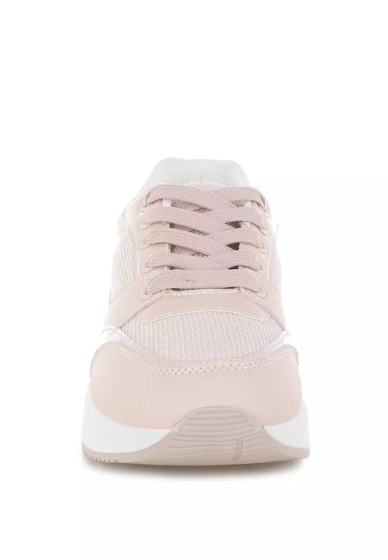 Sepatu Kets Bertali Chunky Mesh Warna Pink